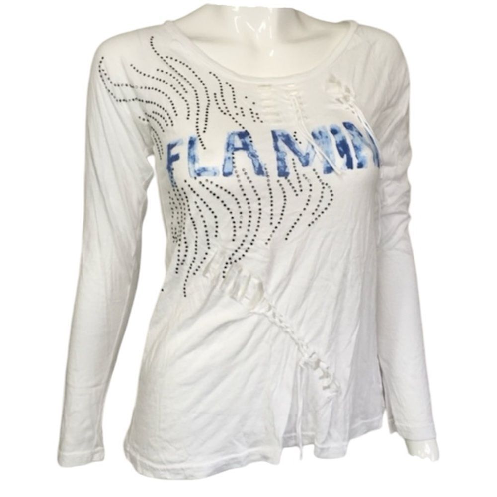 ANAMA Y2K Flamin White Rhinestone Long Sleeve Distressed Graphic T-Shirt M